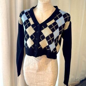 SHEIN Blue Cropped Argyle Button Sweater Size M